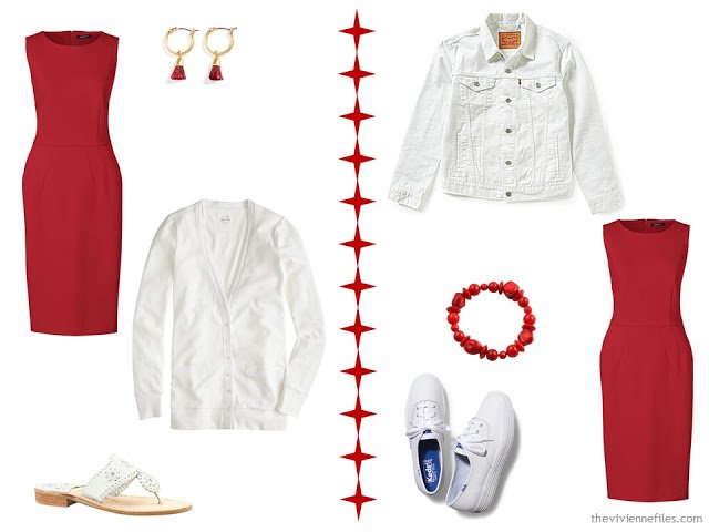 How to wear a red dress with a white cardigan or jacket