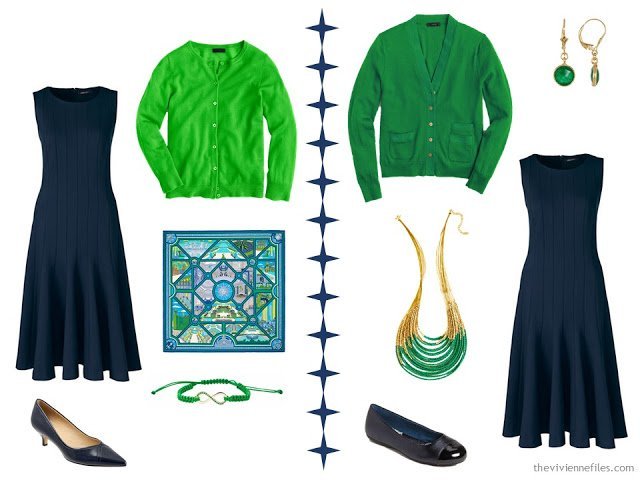 2 ways to wear a navy dress with green accessories