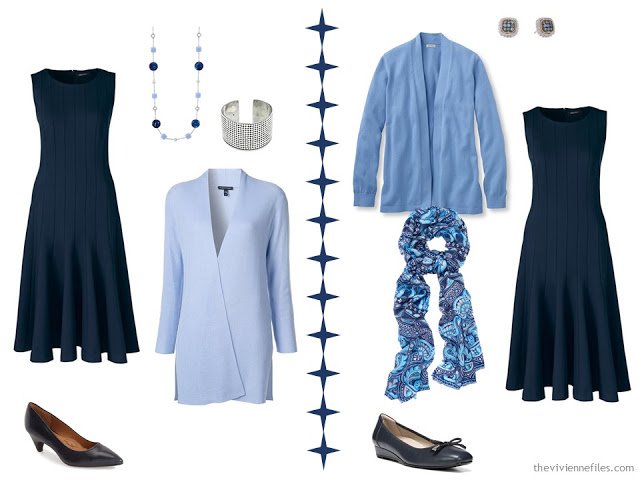 Two ways to wear a navy dress with light blue