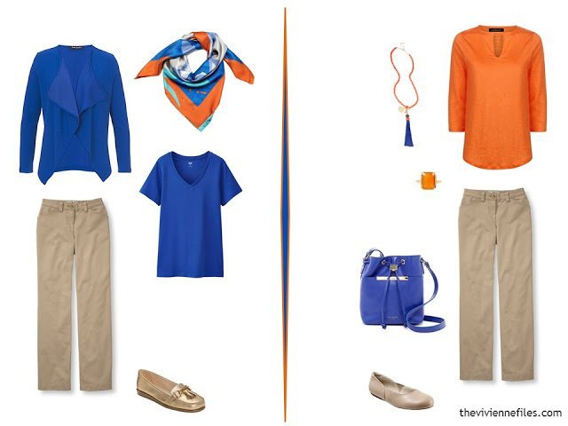 two outfits using beige pants and bright blue and orange tops
