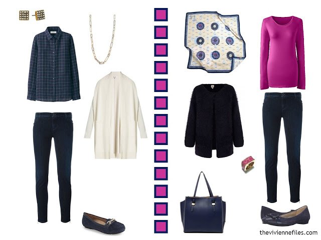 2 outfits in navy, hot pink and white, including dark-wash jeans