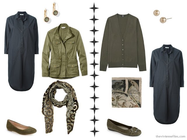 How to accessorize a grey dress with shades of olive green