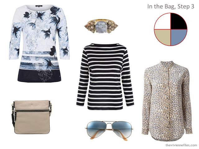 adding printed tops, and accessories, to a travel capsule wardrobe