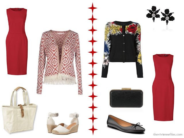 How to wear a red dress with a printed or floral cardigan