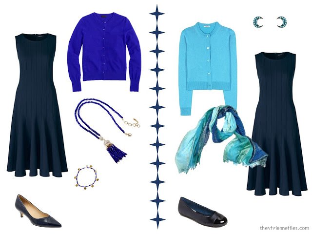 2 ways to wear a navy dress with royal blue or turquoise accessories