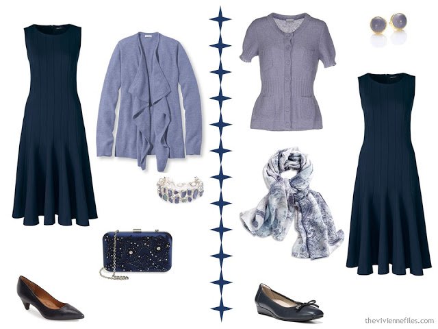 Two ways to wear a navy dress with lavender purple