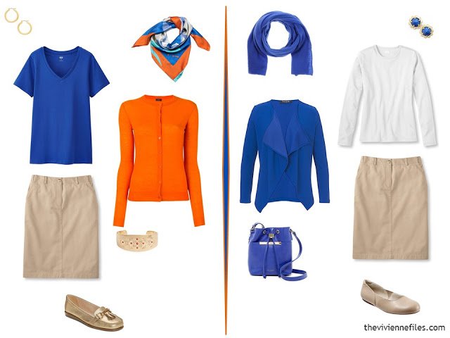 two outfits using a beige skirt and bright blue and orange tops