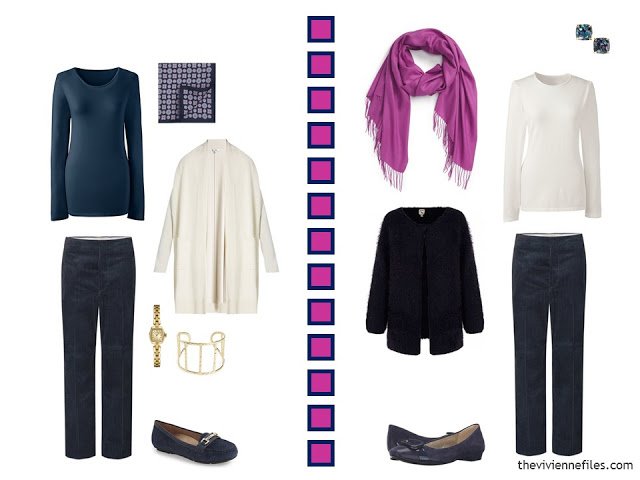 2 outfits in navy, hot pink and white, including navy corduroy pants
