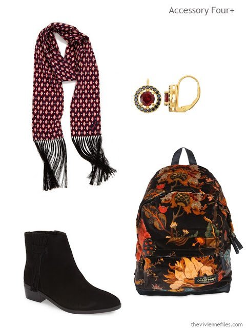 four accessories - scarf, earrings, boots and backpack - with qualities of textures and depth of color