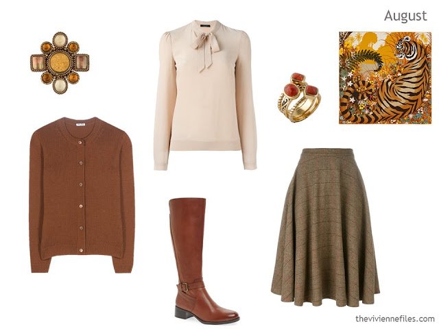 cardigan, blouse and skirt in rust, cream and brown