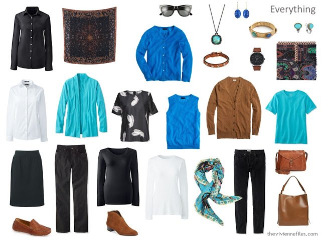 A travel capsule wardrobe in black, blue, and brown inspired by Art: Wing of a European Roller by Albrecht Durer