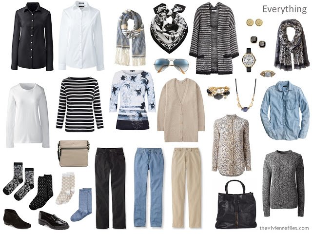 a travel capsule wardrobe in black, white, beige and denim blue