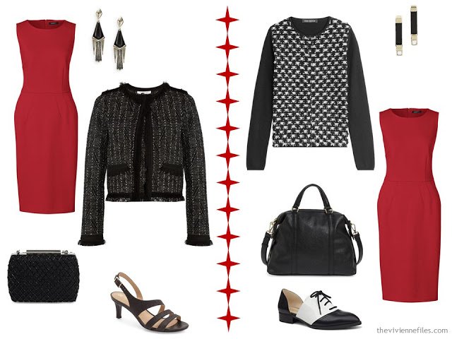 How to wear a red dress with a black and white jacket or cardigan