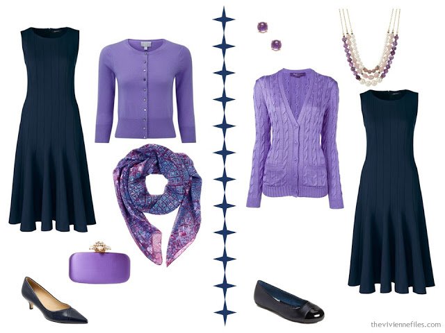 2 ways to wear a navy dress with purple accessories