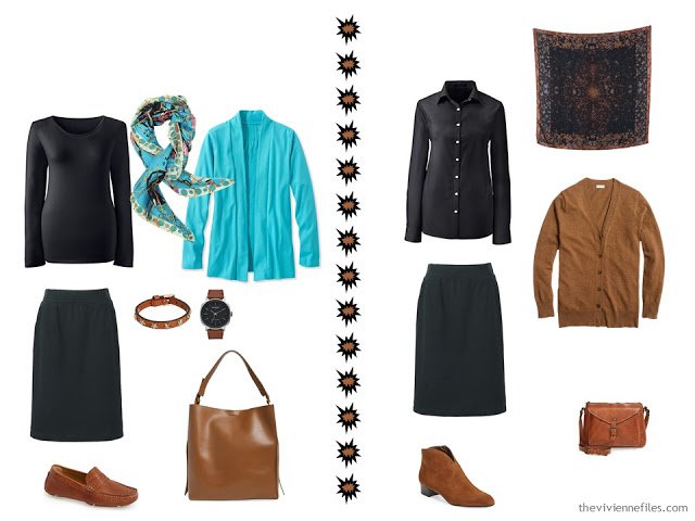 A travel capsule wardrobe in black, blue, and brown inspired by Art: Wing of a European Roller by Albrecht Durer