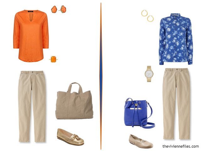 two outfits using beige jeans and bright blue and orange tops