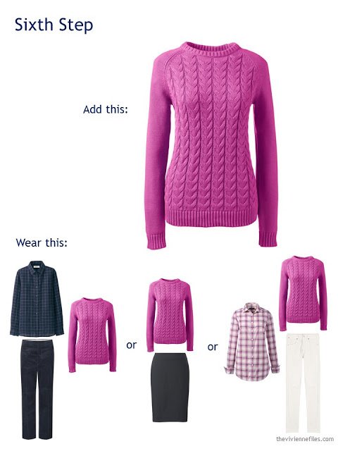 add a hot pink cabled sweater to a travel capsule wardrobe