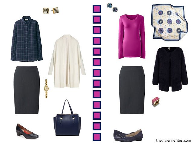 2 outfits in navy, hot pink and white, including a navy skirt