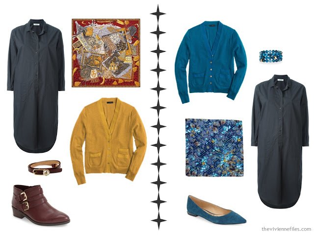 How to accessorize a grey dress with vivid tones of mustard or teal