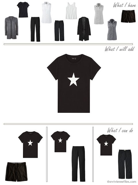 add a fun black tee shirt to a travel capsule wardrobbe