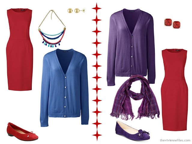 How to wear a red dress with a blue cardigan, or a purple cardigan