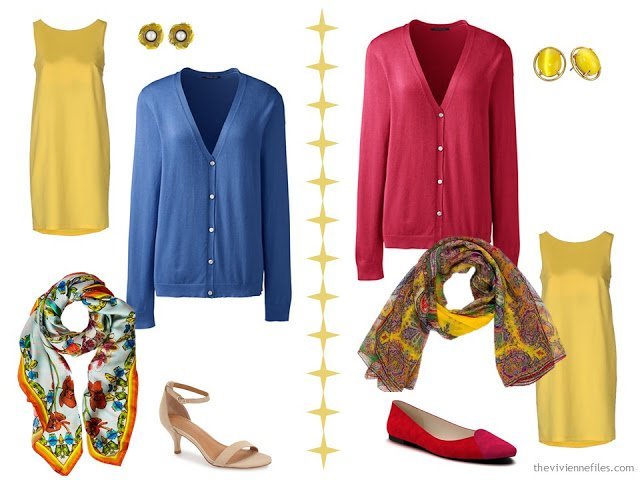 Two ways to wear a yellow dress with bright colors