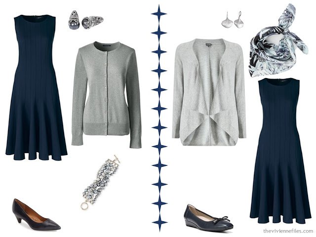 Two ways to wear a navy dress with grey accessories
