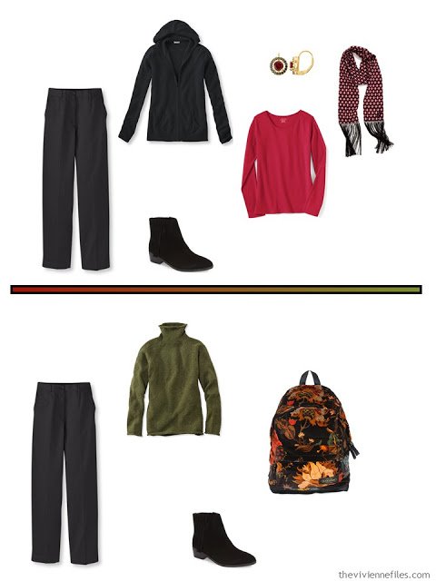 2 outfits for cool weather, including black pants