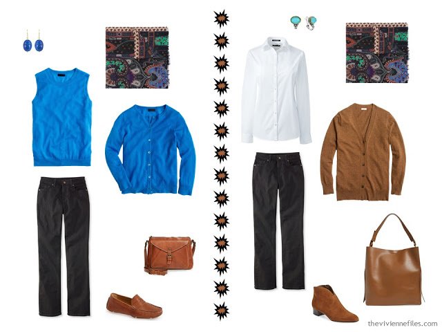 A travel capsule wardrobe in black, blue, and brown inspired by Art: Wing of a European Roller by Albrecht Durer