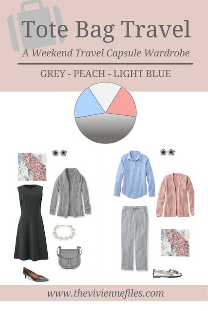 A travel capsule wardrobe a grey, peach, and light blue color palette