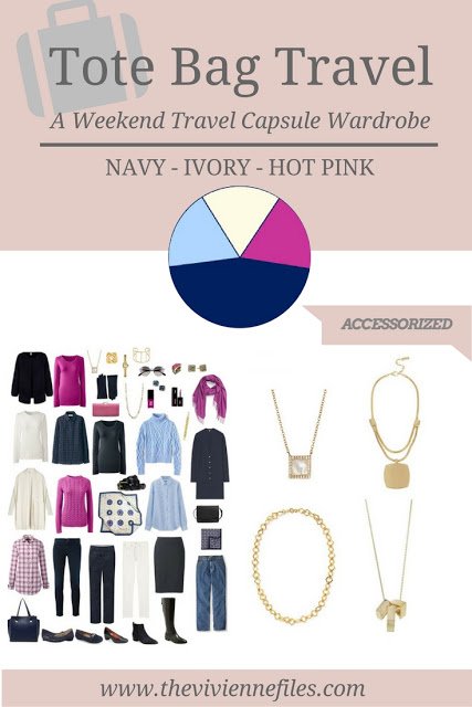 A travel capsule wardrobe with accessories in a navy blue, ivory, and hot pink color palette