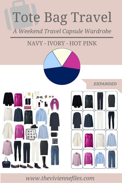 A travel capsule wardrobe with accessories expanded in a navy blue, ivory, and hot pink color palette