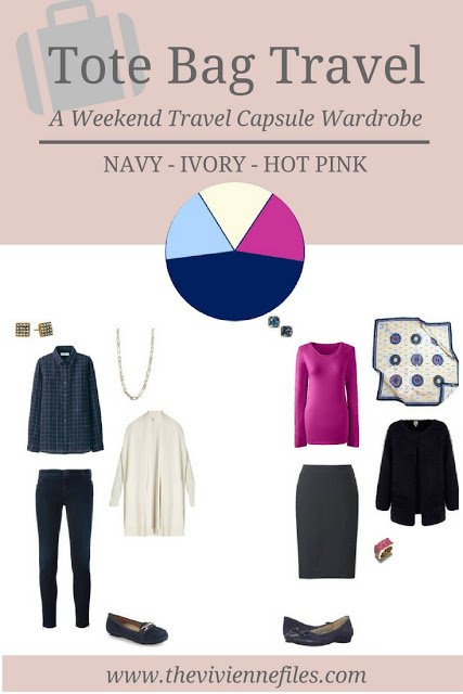 A travel capsule wardrobe for cool weather in a navy, ivory, and hot pink color palette