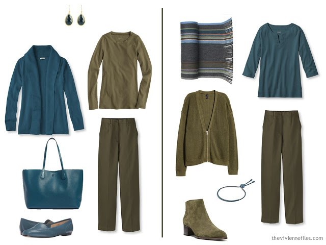 using teal as an accent to an olive green outfit