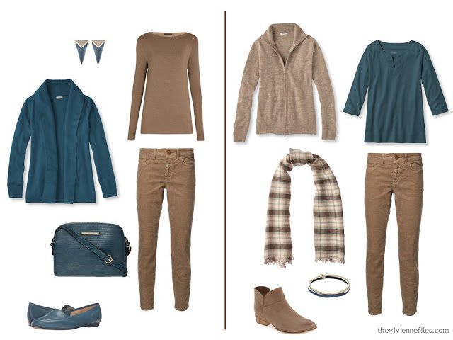 Two outfits that combine camel and teal