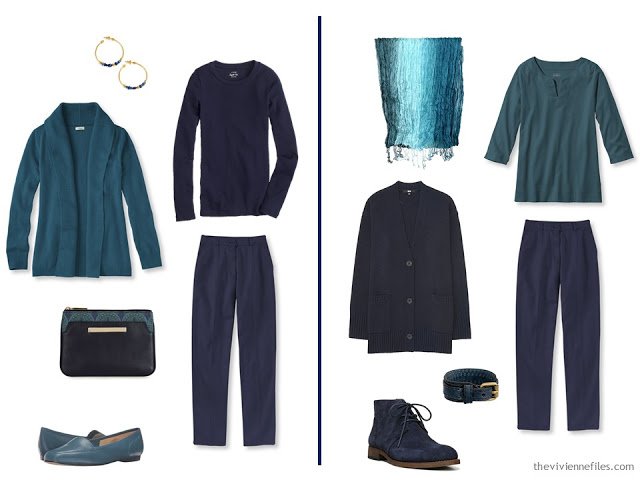 two outfits that combine teal and navy 