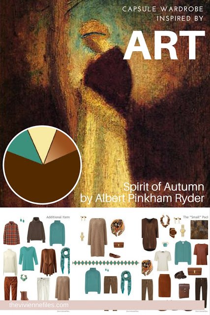 Capsule wardrobe in a brown, and turquoise color palette, inspired by art: Spirit of Autumn by Albert Pinkham Ryder