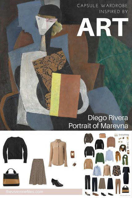 Capsule wardrobe in a brown, green, and blue color palette, inspired by art: Portrait of Marevna by Diego Rivera