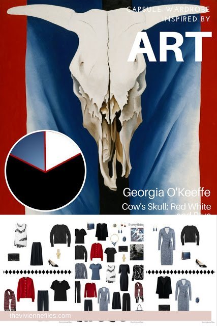 Capsule wardrobe in a black, white, red, and blue color palette, inspired by art: Cow's Skull: Red White and Blue by Georgia O'Keeffe