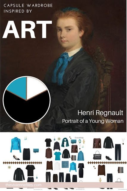 Travel capsule wardrobe in a blue, black, and white color palette inspired by art - Portrait of a Young Woman by Henri Regnault - version 2