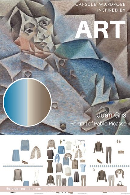 Capsule wardrobe in a blue and beige color palette inspired by art - Portrait of Pablo Picasso by Juan Gris