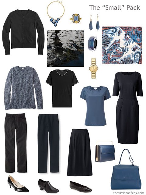 Capsule wardrobe in a black, white, red, and blue color palette, inspired by art: Cow's Skull: Red White and Blue by Georgia O'Keeffe