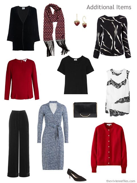 Capsule wardrobe in a black, white, red, and blue color palette, inspired by art: Cow's Skull: Red White and Blue by Georgia O'Keeffe