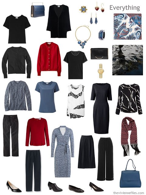 Capsule wardrobe in a black, white, red, and blue color palette, inspired by art: Cow's Skull: Red White and Blue by Georgia O'Keeffe