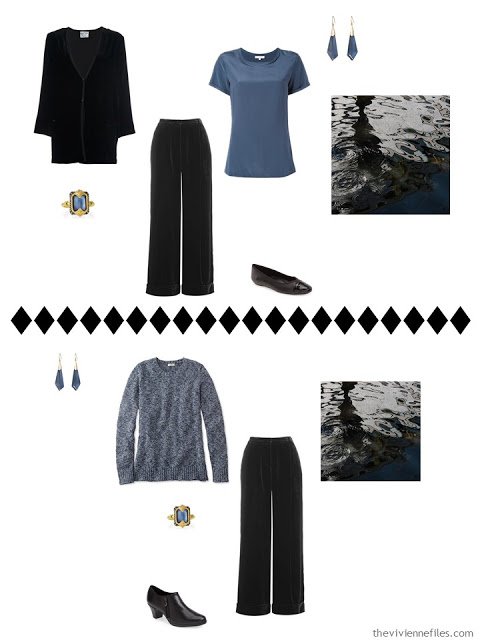 Capsule wardrobe in a black, white, red, and blue color palette, inspired by art: Cow's Skull: Red White and Blue by Georgia O'Keeffe