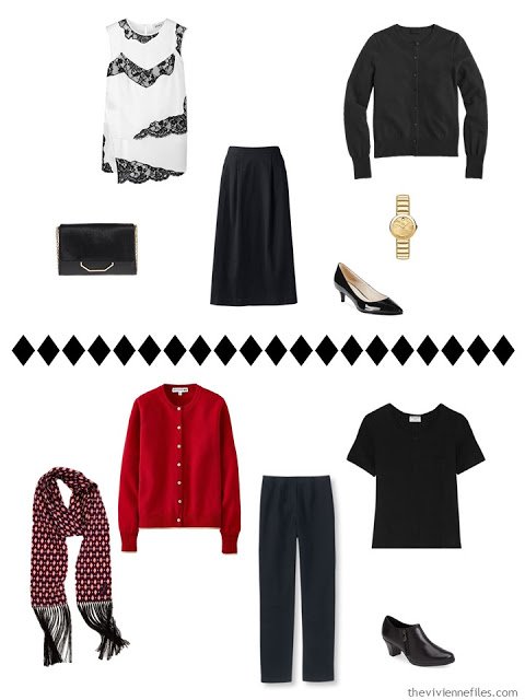 Capsule wardrobe in a black, white, red, and blue color palette, inspired by art: Cow's Skull: Red White and Blue by Georgia O'Keeffe