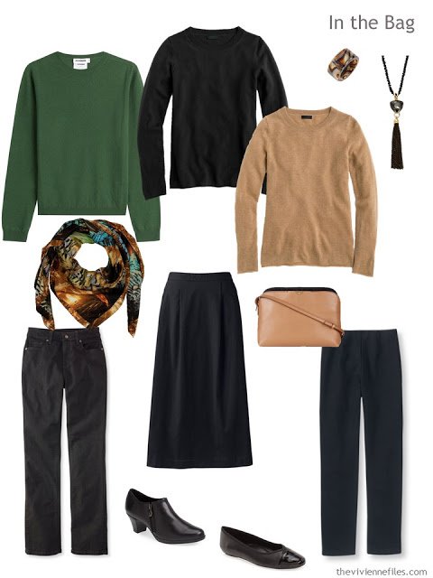 six-pack travel capsule wardrobe in green, camel and black