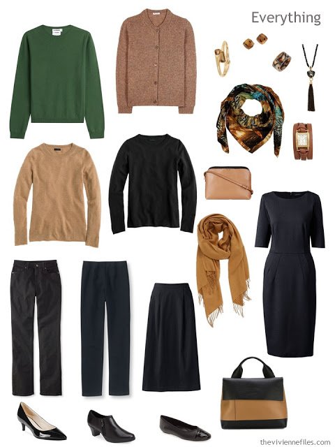 eight piece travel capsule wardrobe in green, black and camel