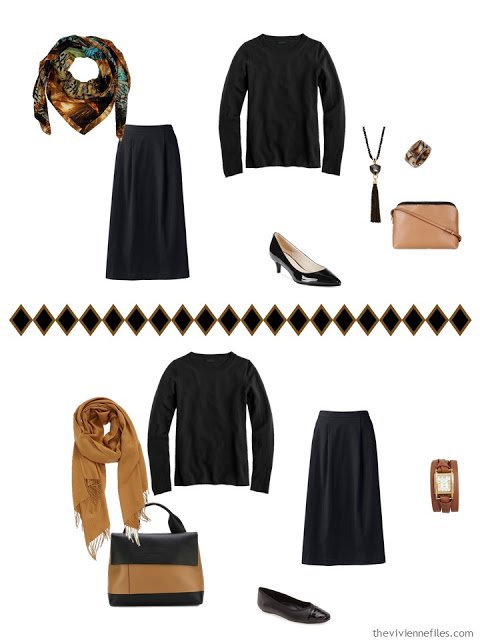 black skirt and top, accessorized two different ways from a camel accessory capsule