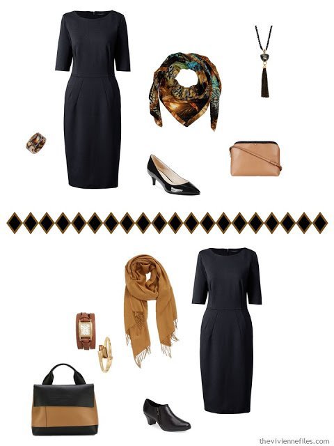 black dress with camel and black accessories - 2 different ways